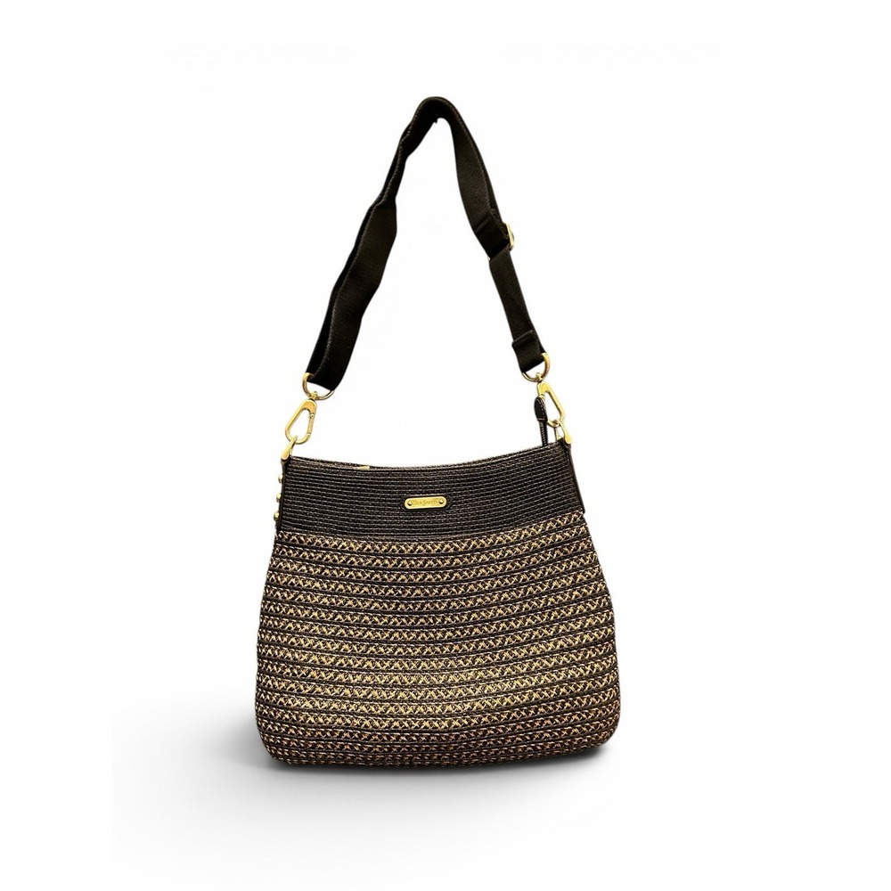Eric Javits Woven Straw Raffia Style Shoulder Bag Black Tan Hobo Tote Purse